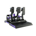 Conspit CPP Lite hydraulic 3 pedal set, three-quarter view — purple hydraulic damper and haptic motors