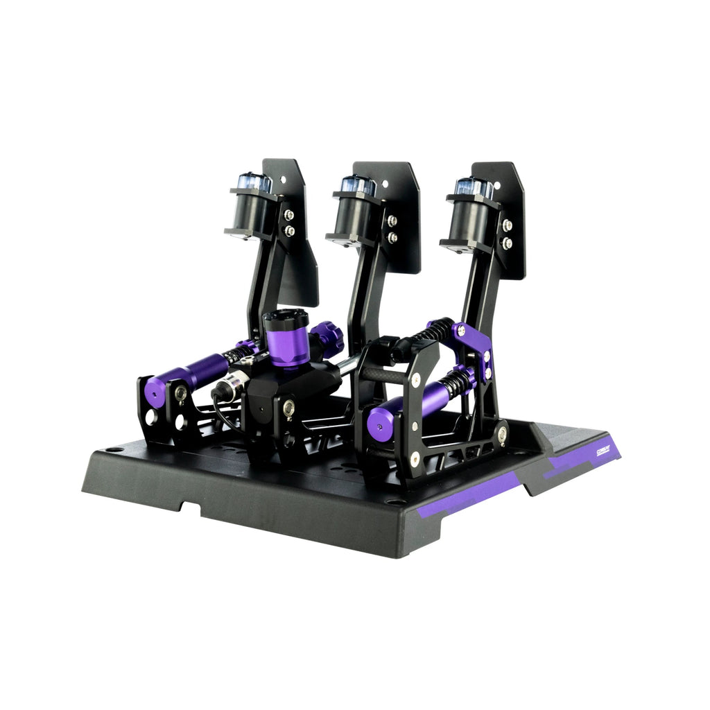 Conspit CPP Lite hydraulic 3 pedal set, front three-quarter — textured black pedal faces and purple hardware