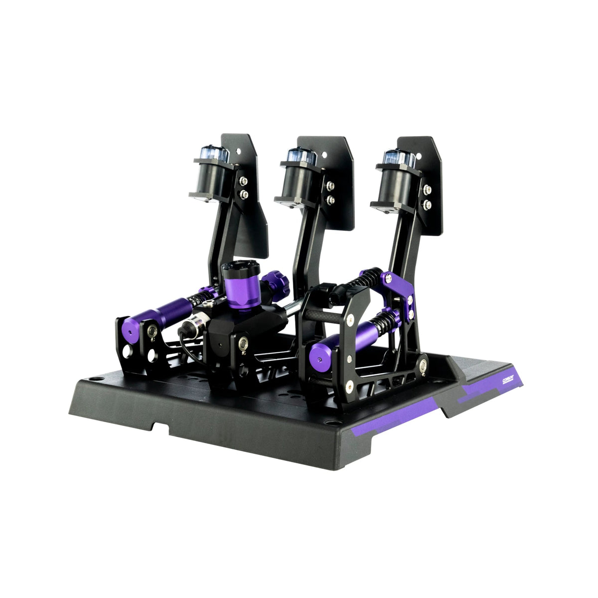 Conspit CPP Lite hydraulic 3 pedal set, front three-quarter — textured black pedal faces and purple hardware