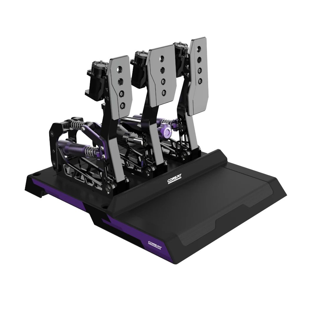 Conspit CPP Lite hydraulic 3 pedal set, render three-quarter — metallic pedal faces on baseplate