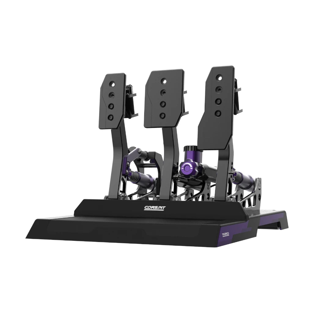 Conspit CPP Lite hydraulic 3 pedal set, render front angle — metallic pedal faces, hydraulic brake cylinder