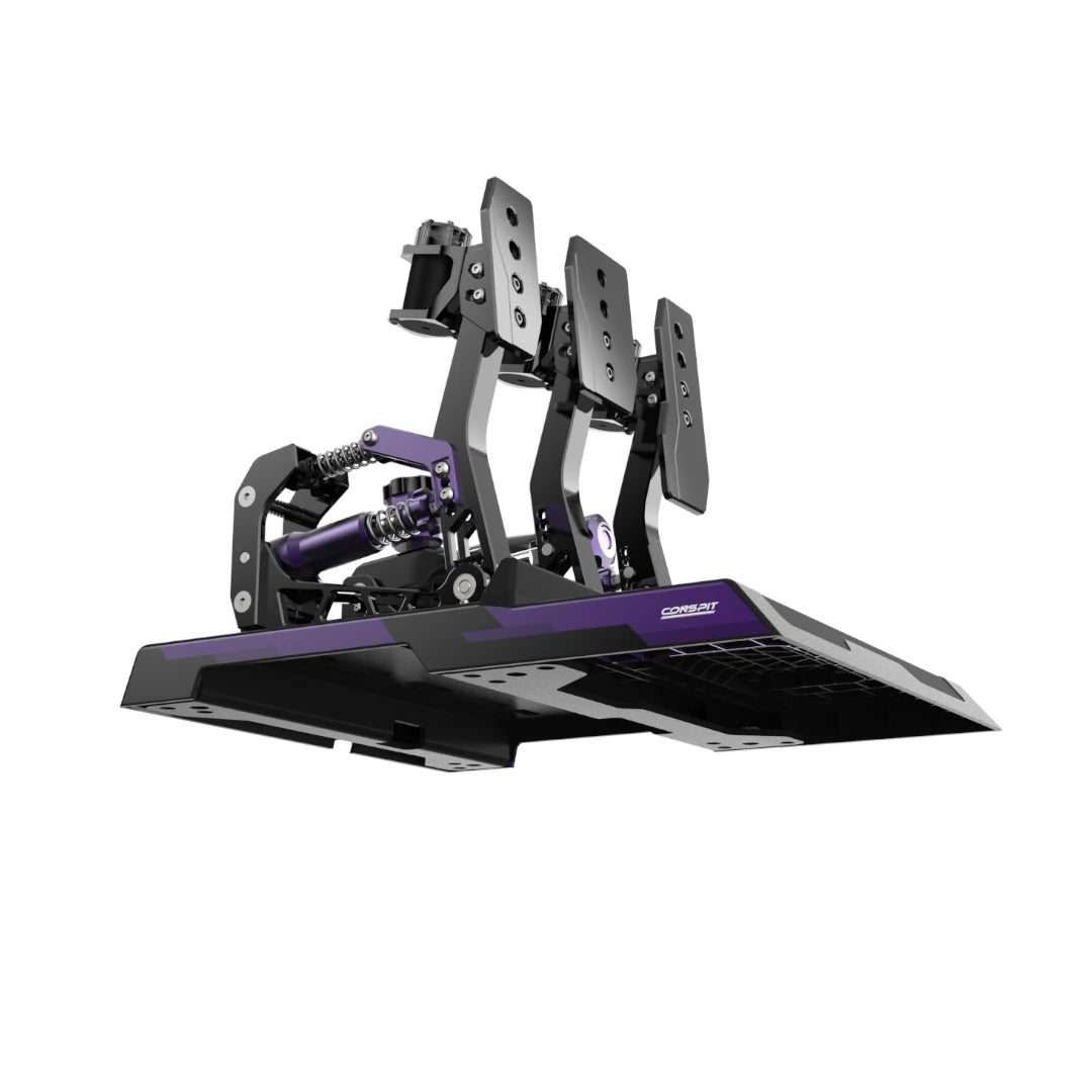 Conspit CPP Lite hydraulic 3 pedal set, render rear angle — haptic motors and purple damper